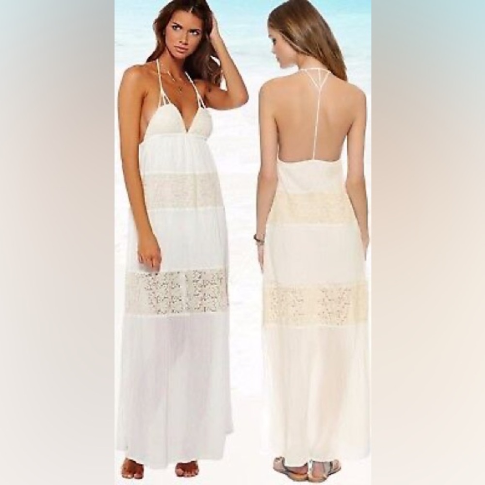 White Lace-Panel Maxi Dress with Halter Neck